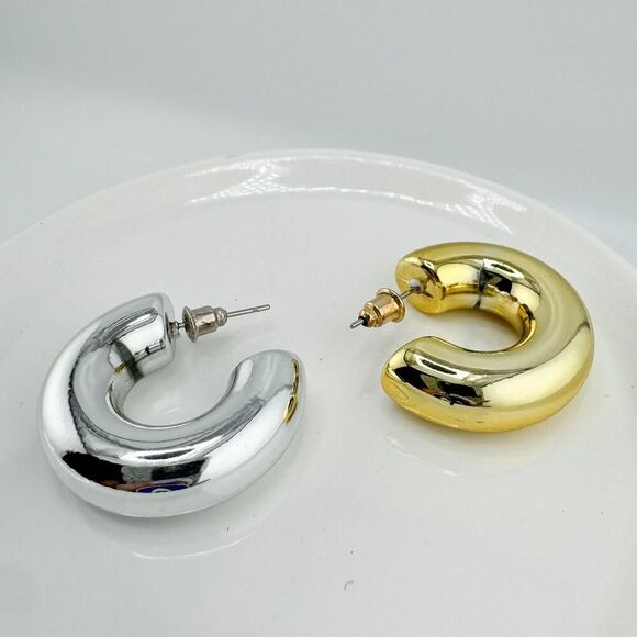 Vintage Puffy Mixed Metal Hoop Earrings Bold Statement Spherical Retro Glam - Picture 5 of 9